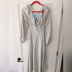 Astr Long-Sleeve Floral Midi Dress in Light Blue and Yellow